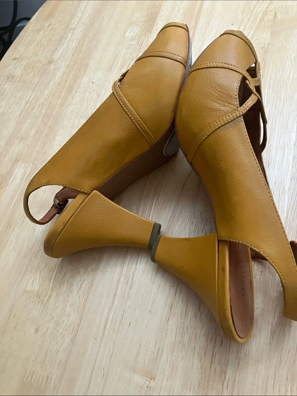 gentle souls Mustard Yellow Leather Slingback Peep-Toe Heels